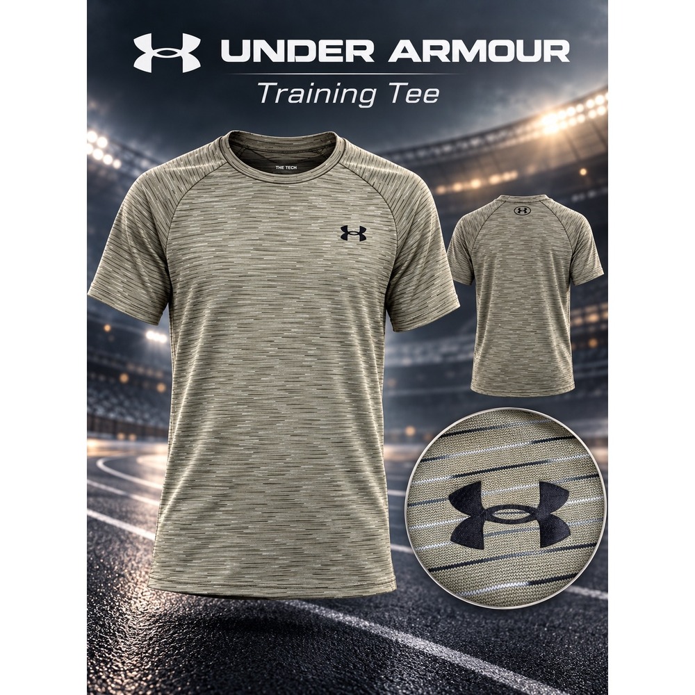 Under Armour Mens Tech Tee Small Olive Green Space Dye Stripe Short Sleeve Shirt